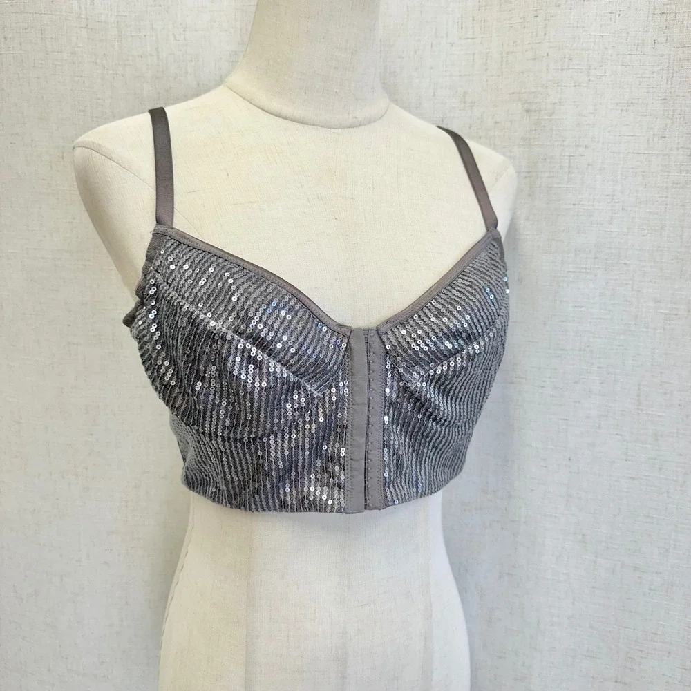 Moda International Sequin Bustier Crop Top Charcoal Grey Corset Bralette Size 12